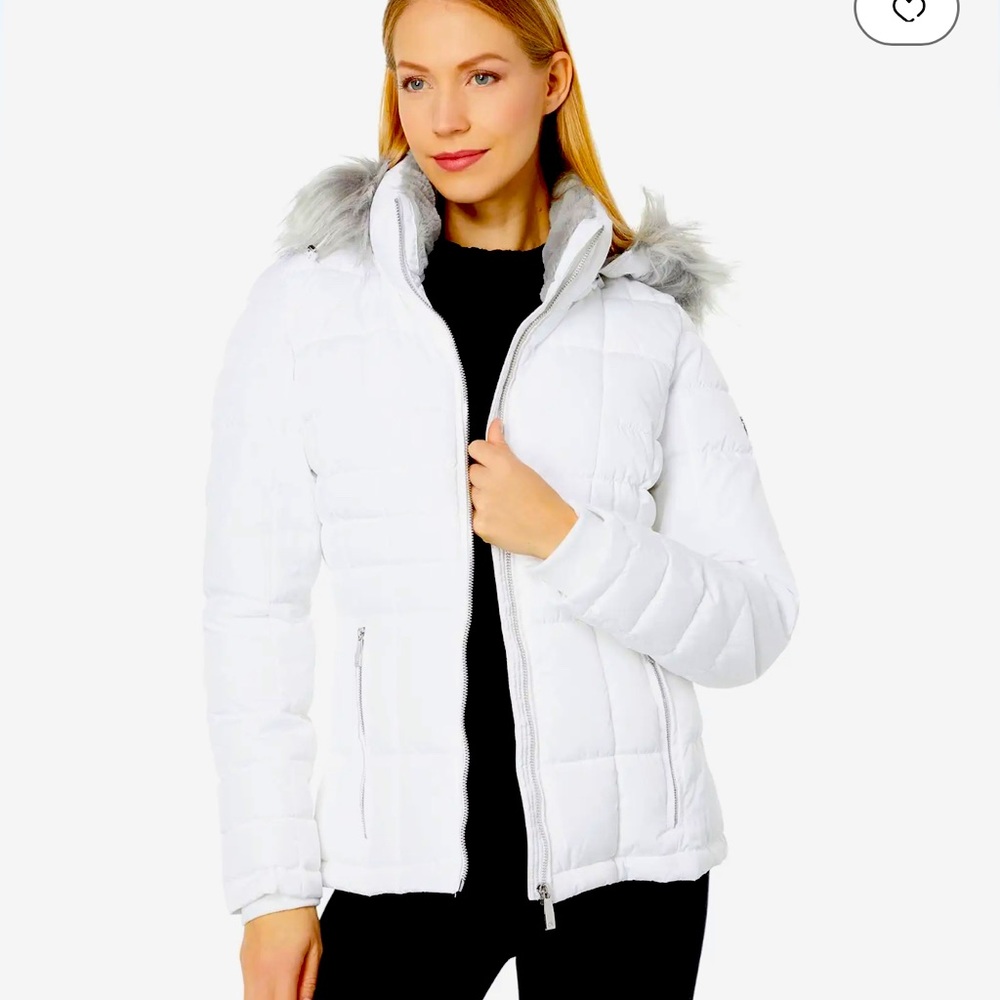 😍 Calvin Klein White Puffer Jacket with detachable furry hood  XL NWOT